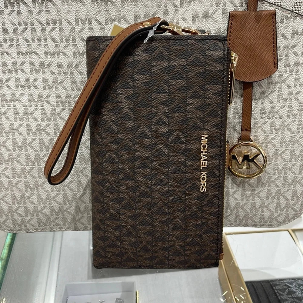 Michael Kors Jet Set Travel Large Double-Zip Wristlet-Wallet-PhoneHolder Brown
